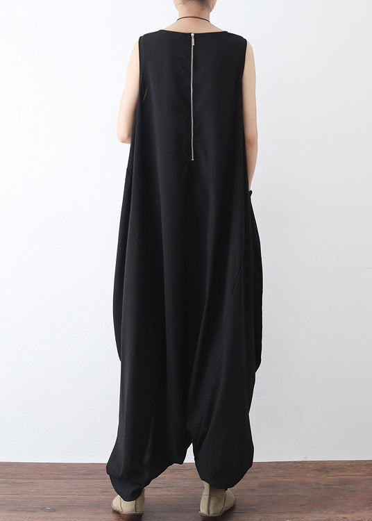 Bohemian Black O-Neck Zip Up Draping Pocket Chiffon Jumpsuit Sleeveless