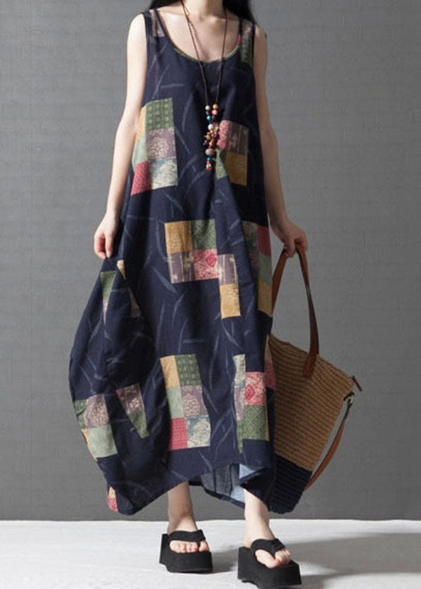 Bohemian Black Print Cotton Vacation Dresses Sleeveless