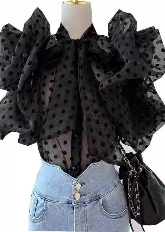 Bohemian Black Ruffled Bow Patchwork Tulle Shirts Summer