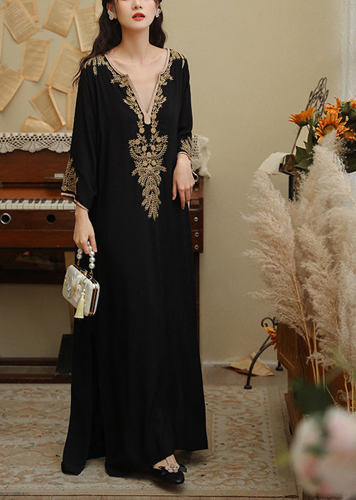 Bohemian Black V Neck Embroideried Side Open Cotton Long Dress Spring