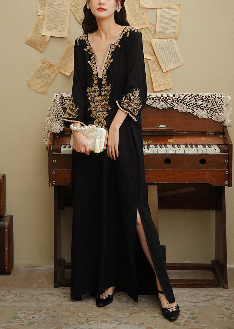 Bohemian Black V Neck Embroideried Side Open Cotton Long Dress Spring