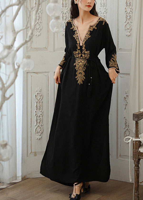 Bohemian Black V Neck Embroideried Side Open Cotton Long Dress Spring