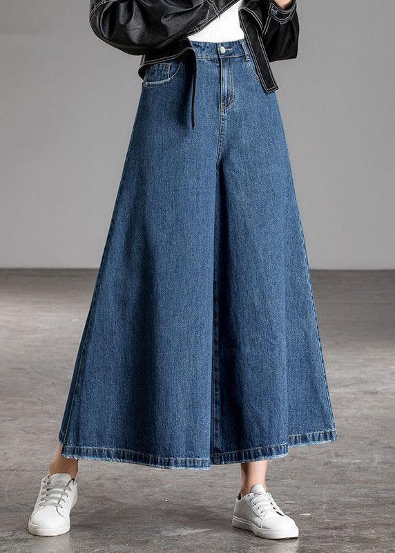 Bohemian Blue High Waist Pockets Wide Leg Fall Denim Pants - Omychic