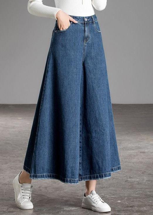 Bohemian Blue High Waist Pockets Wide Leg Fall Denim Pants - Omychic