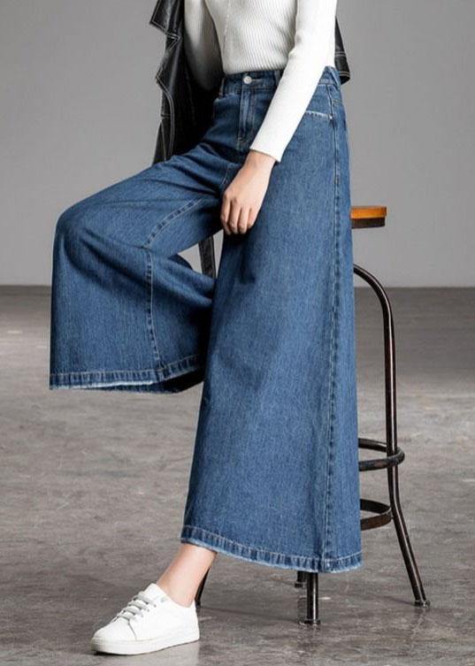 Bohemian Blue High Waist Pockets Wide Leg Fall Denim Pants - Omychic