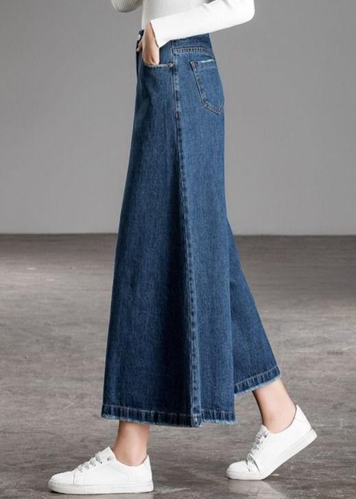 Bohemian Blue High Waist Pockets Wide Leg Fall Denim Pants - Omychic
