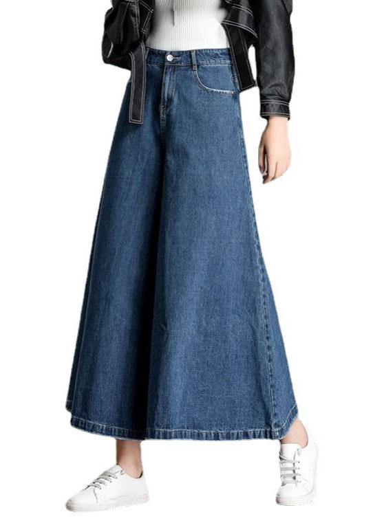 Bohemian Blue High Waist Pockets Wide Leg Fall Denim Pants - Omychic