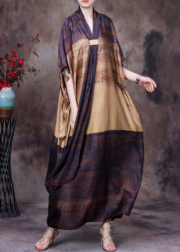 Bohemian Yellow Coffee Bow Collar Print Silk Dress Batwing Sleeve