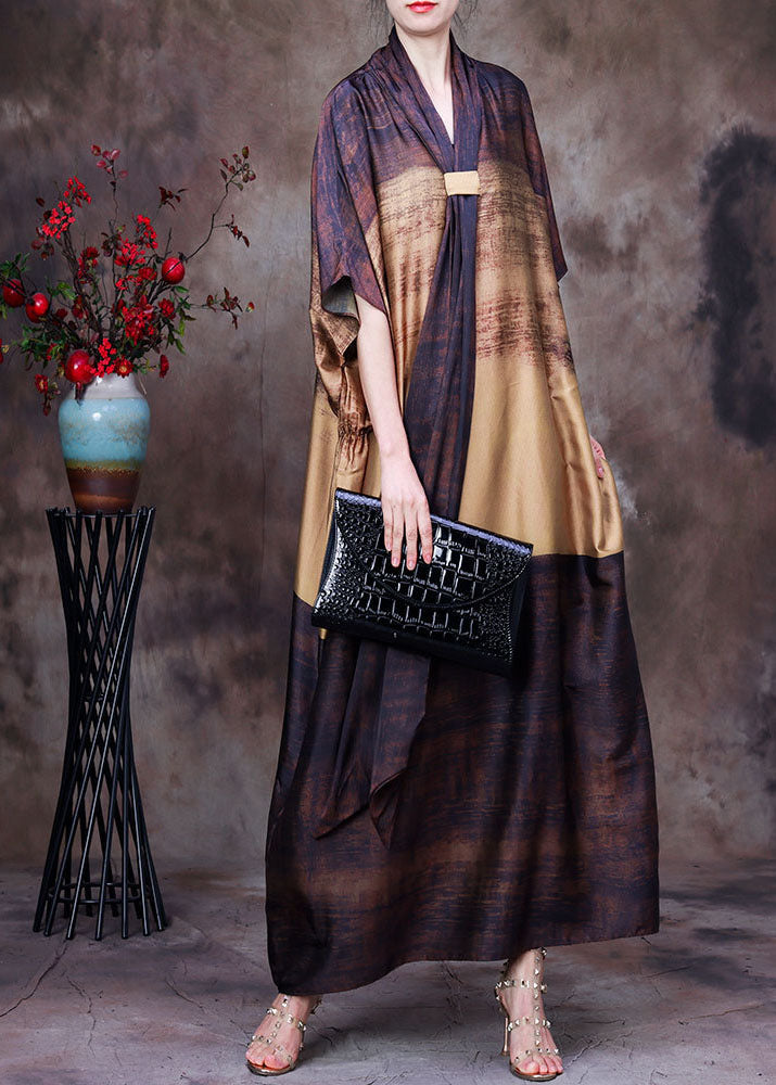Bohemian Yellow Coffee Bow Collar Print Silk Dress Batwing Sleeve