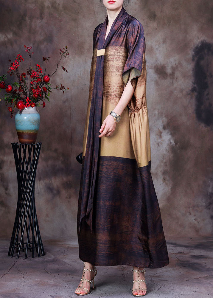Bohemian Yellow Coffee Bow Collar Print Silk Dress Batwing Sleeve