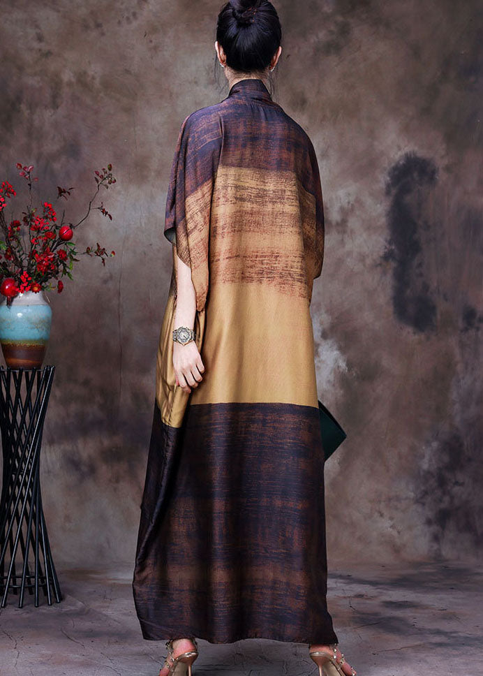 Bohemian Yellow Coffee Bow Collar Print Silk Dress Batwing Sleeve