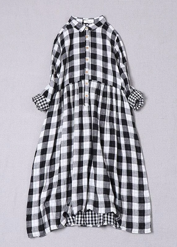 Bohemian Black White Plaid Peter Pan Collar Pockets Button Fall Patchwork Dresses