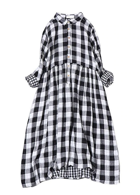Bohemian Black White Plaid Peter Pan Collar Pockets Button Fall Patchwork Dresses