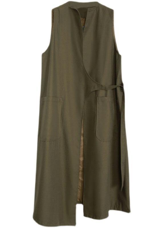 Boho Army Green Asymmetrical Design Pockets Fall Long Waistcoat - Omychic