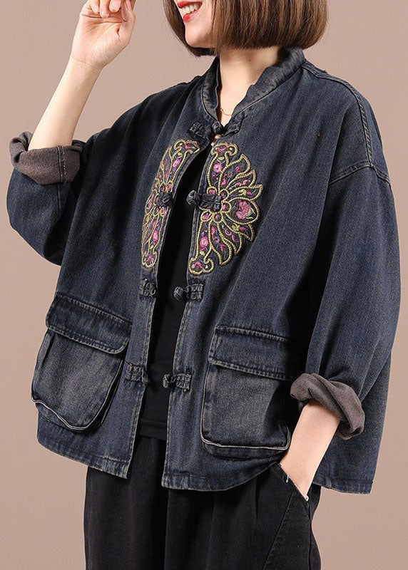 Boho Black Button Embroidered Pockets Fall Denim Jackets