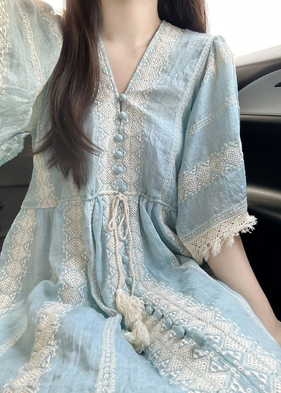cotton vacation dresses Boho Blue Embroidered Patchwork Cotton Vacation Dresses Summer – Omychic