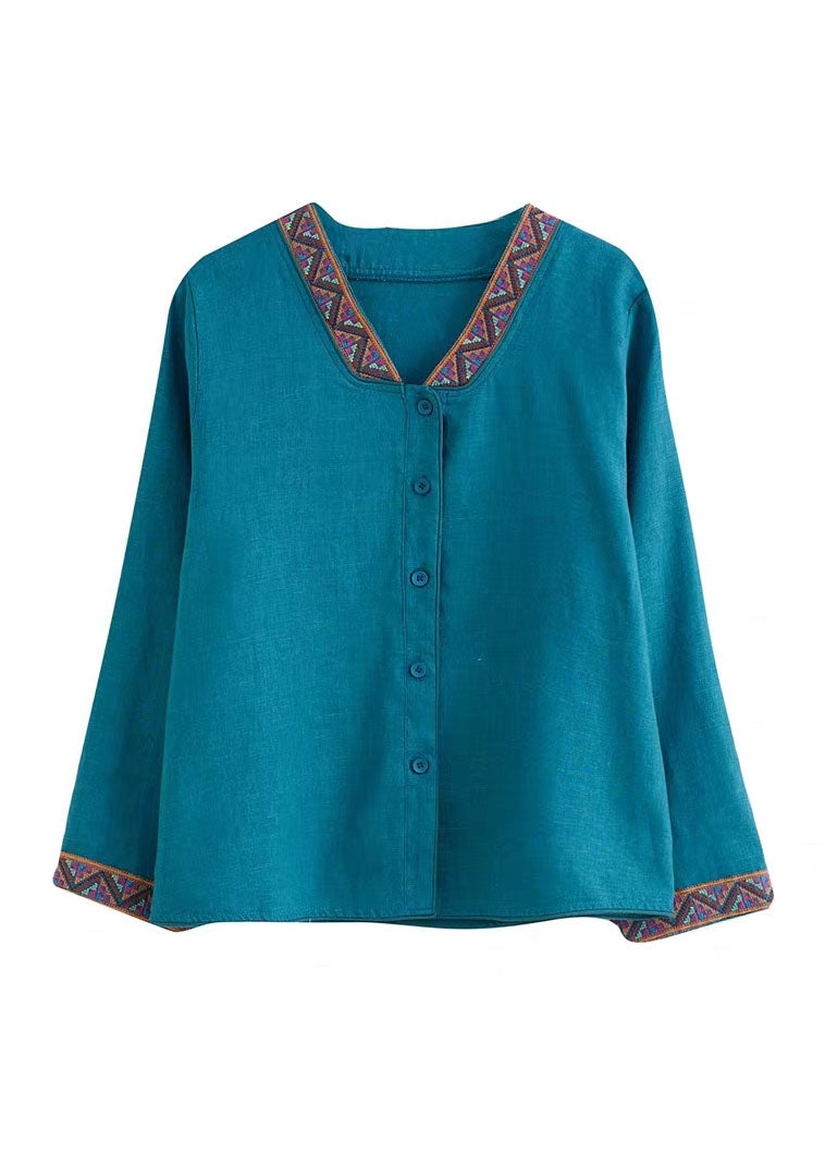 Boho Blue V Neck Embroideried Patchwork Linen Shirts Top Spring
