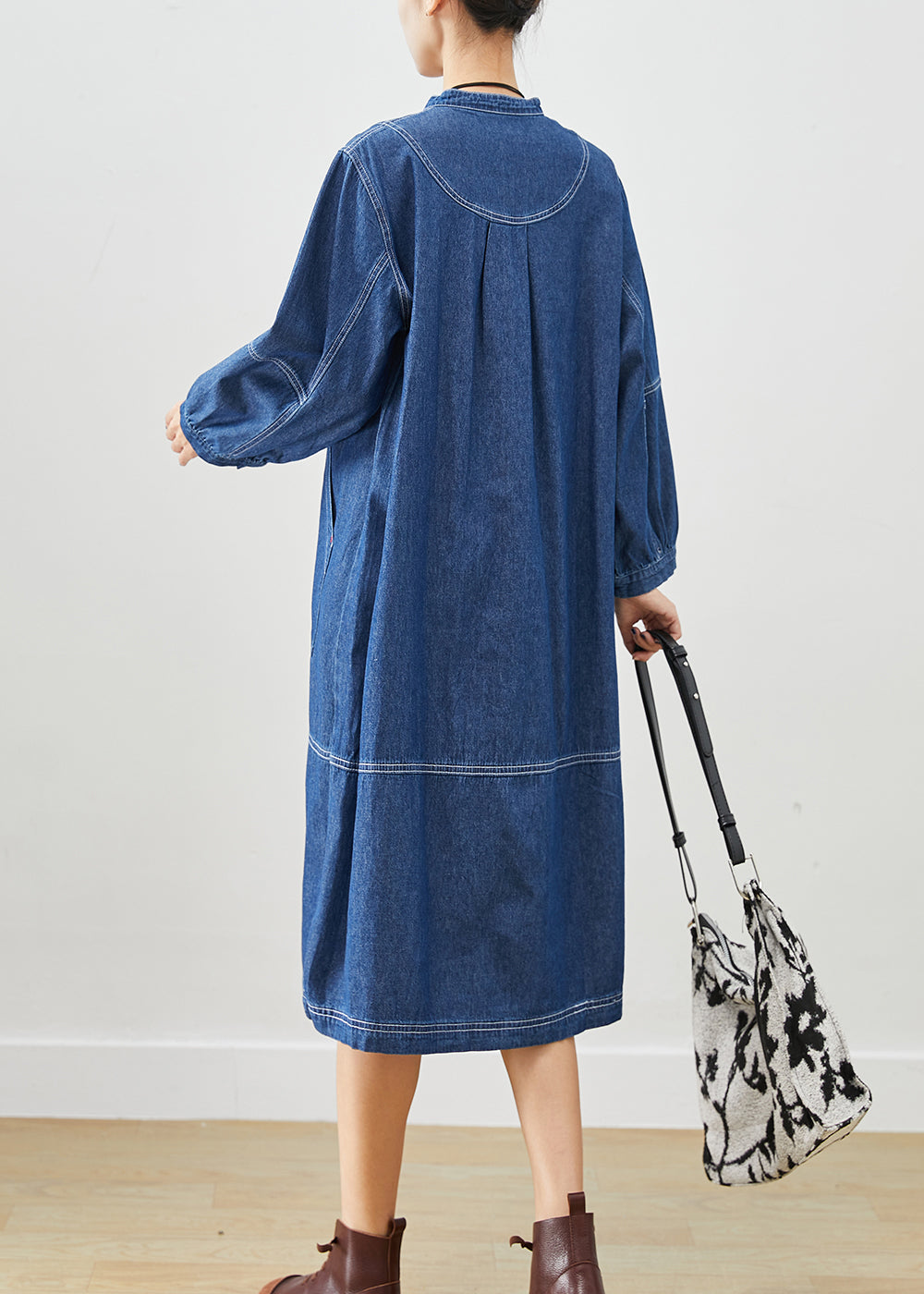 Boho Dark Blue Oversized Patchwork Cotton Vacation Dresses Fall