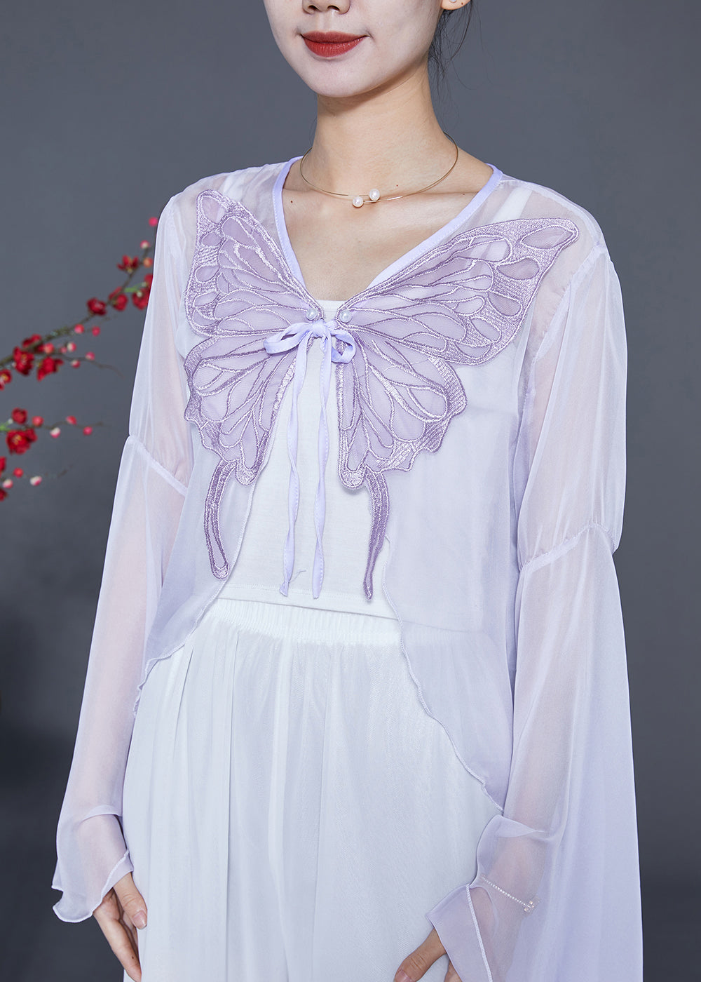 Boho Light Purple Butterfly Embroideried Chiffon Cardigan Flare Sleeve