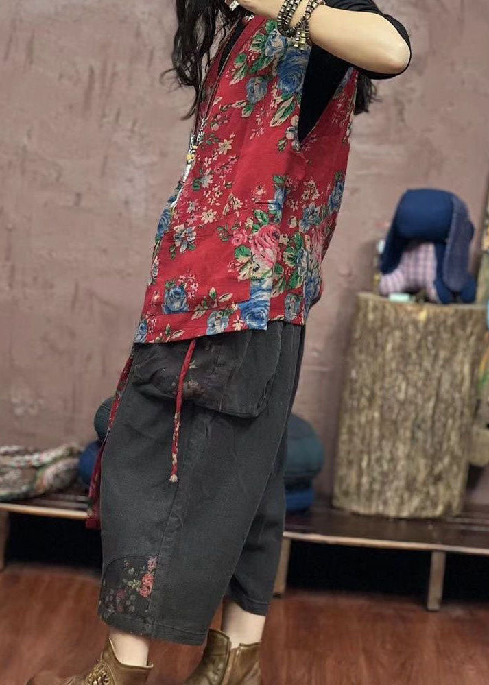 Boho Red Asymmetrical Print Patchwork Cotton Waistcoat Sleeveless