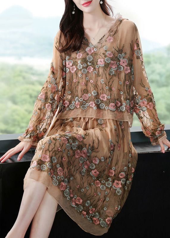 Boutique Beige Hooded Embroideried Patchwork Silk Fake Two Piece Dresses Spring