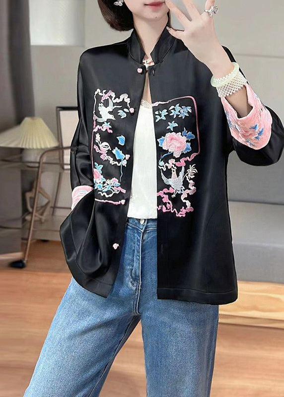 Boutique Black Stand Collar Embroideried Silk Jacket Spring