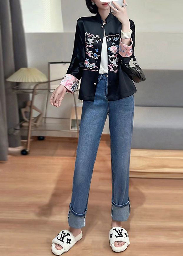 Boutique Black Stand Collar Embroideried Silk Jacket Spring