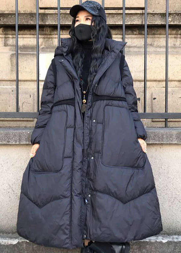 Boutique Black Stand Collar Hooded Drawstring Pockets Winter Coat