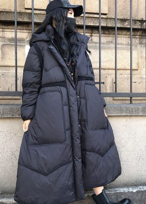 Boutique Black Stand Collar Hooded Drawstring Pockets Winter Coat
