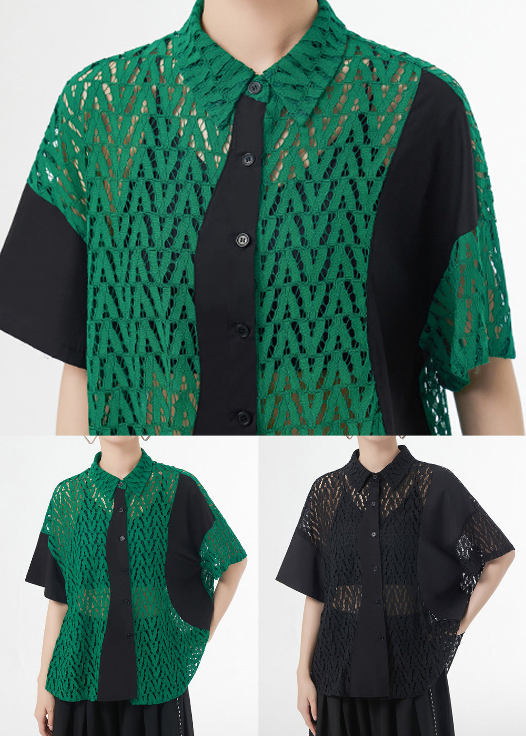 Boutique Green Peter Pan Collar Hollow Out Patchwork Lace Shirt Summer