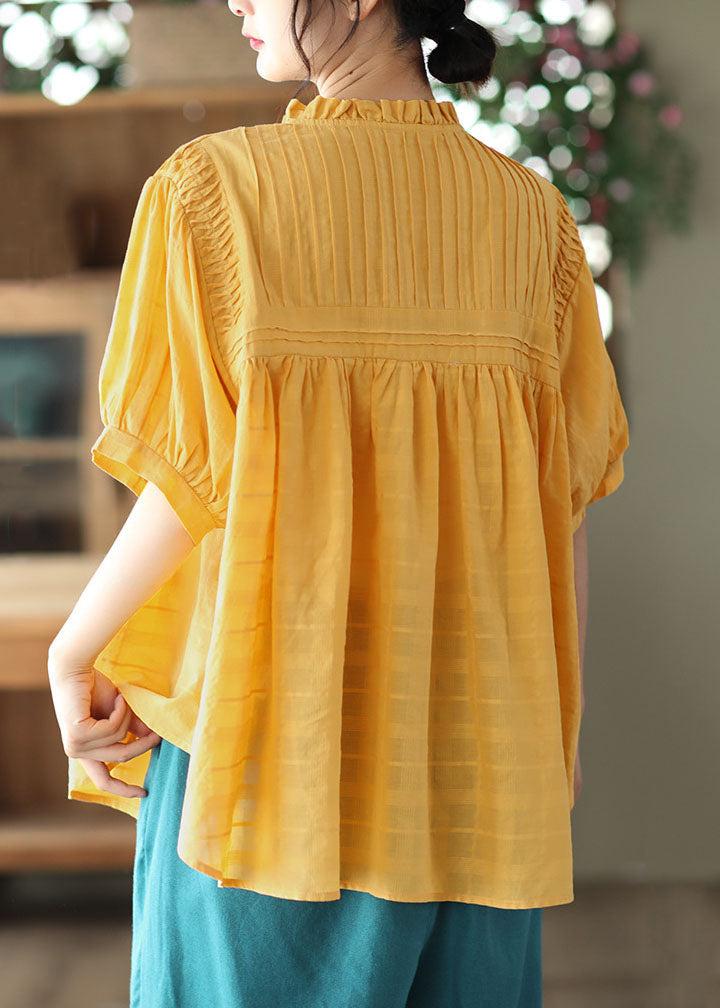 Boutique Yellow Ruffled Button Patchwork Cotton Blouse Top Summer