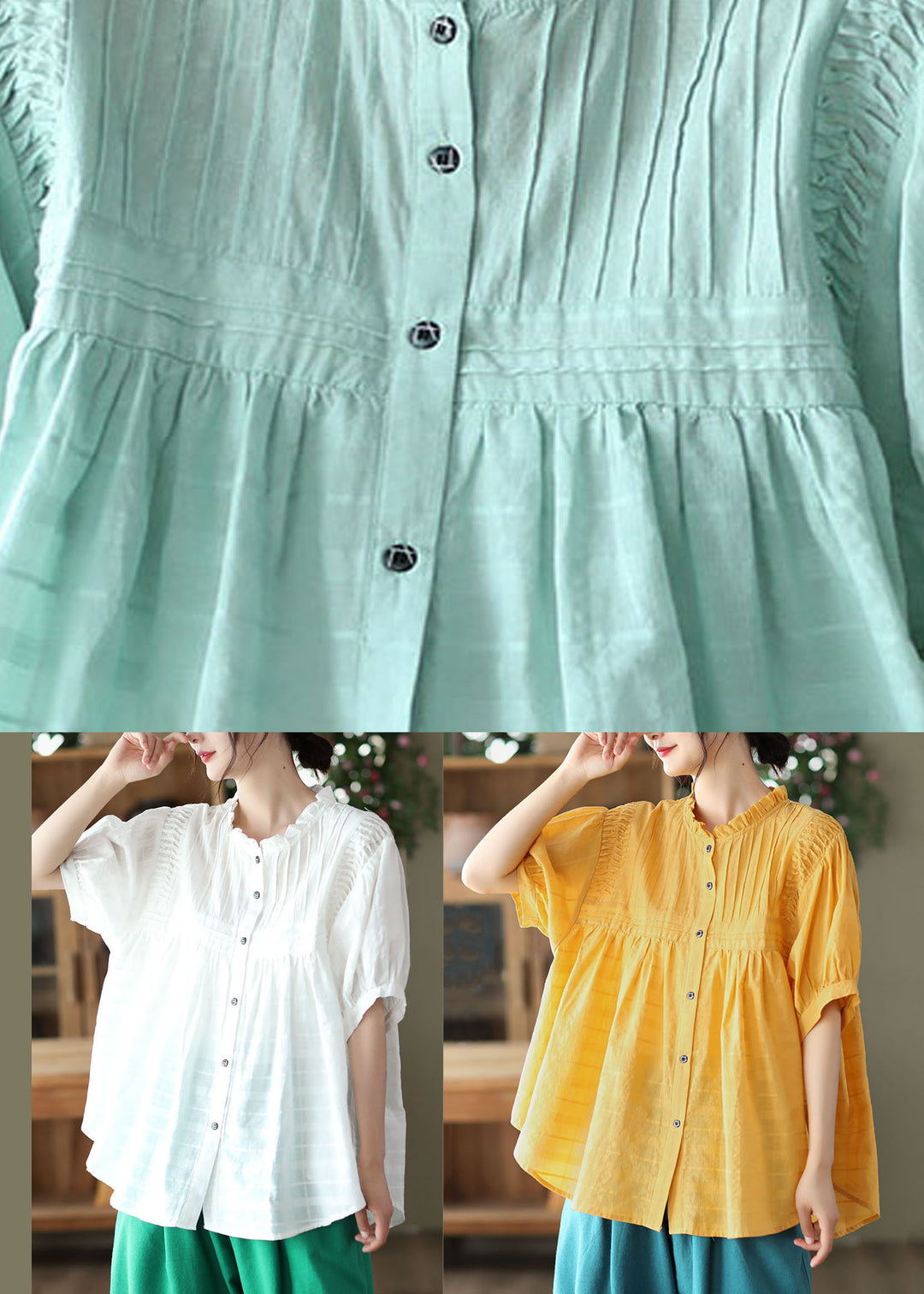 Boutique Yellow Ruffled Button Patchwork Cotton Blouse Top Summer