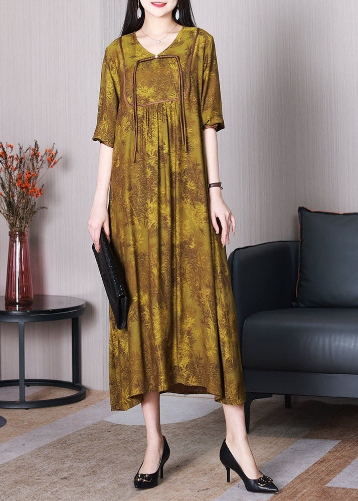 Boutique Yellow V Neck Patchwork Tasseled Print Silk Dresses Spring