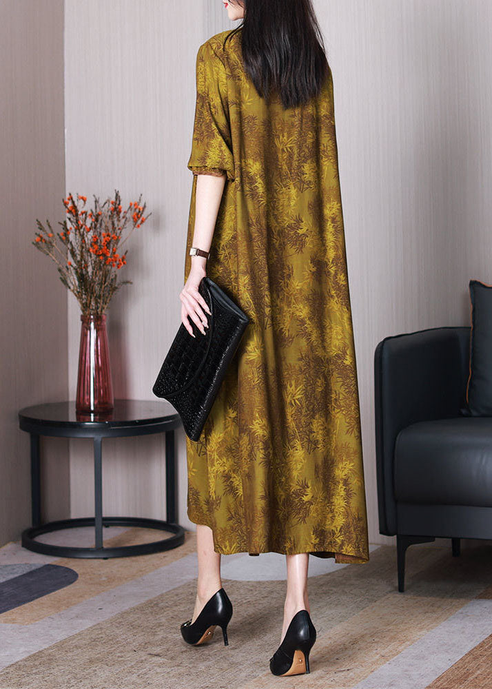 Boutique Yellow V Neck Patchwork Tasseled Print Silk Dresses Spring