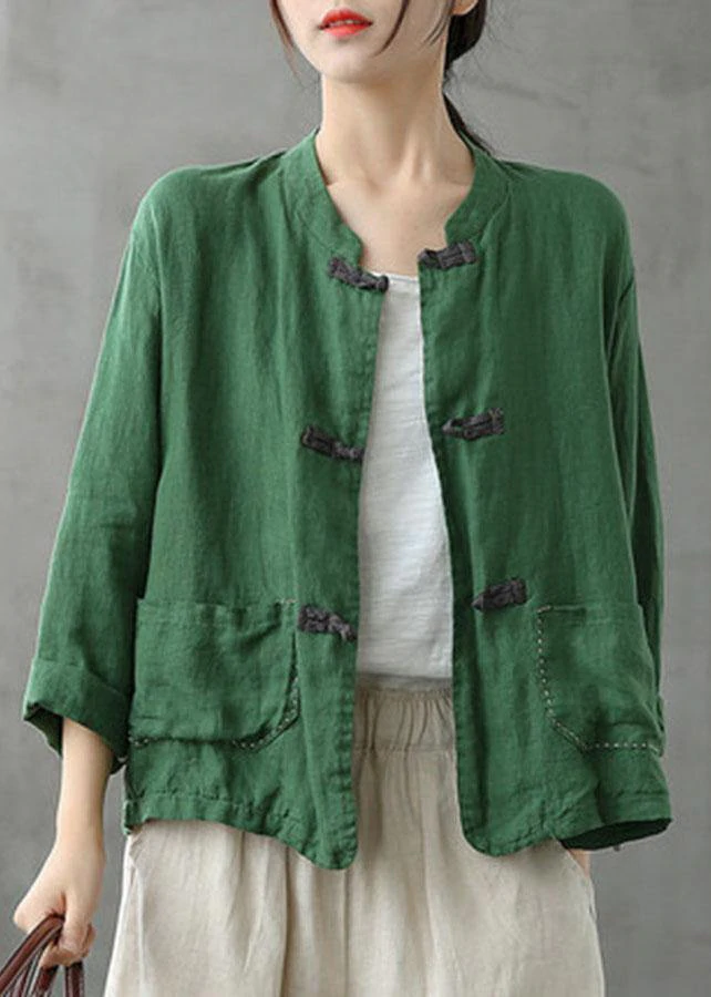 Boutique Green Stand Collar Embroidered Patchwork Linen Coat