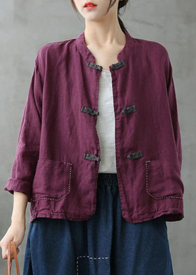 Boutique Green Stand Collar Embroidered Patchwork Linen Coat