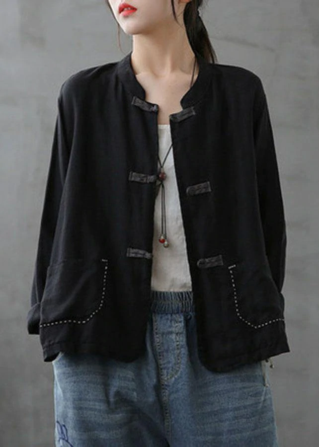 Boutique Green Stand Collar Embroidered Patchwork Linen Coat