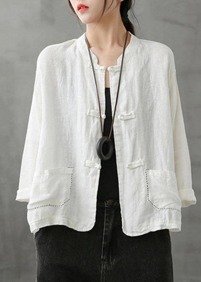 Boutique Green Stand Collar Embroidered Patchwork Linen Coat