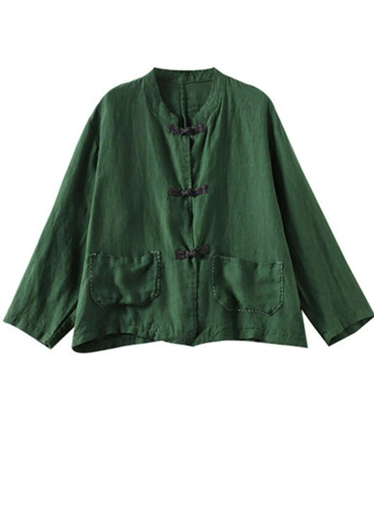 Boutique Green Stand Collar Embroidered Patchwork Linen Coat