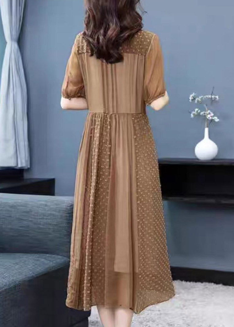 Brief Brown O-Neck Patchwork Silk Maxi Dress Short Sleeve