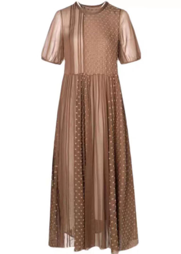 Brief Brown O-Neck Patchwork Silk Maxi Dress Short Sleeve
