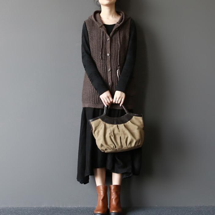 Brown sleevess sweaters coat hoodied vest tops in khaki - Omychic