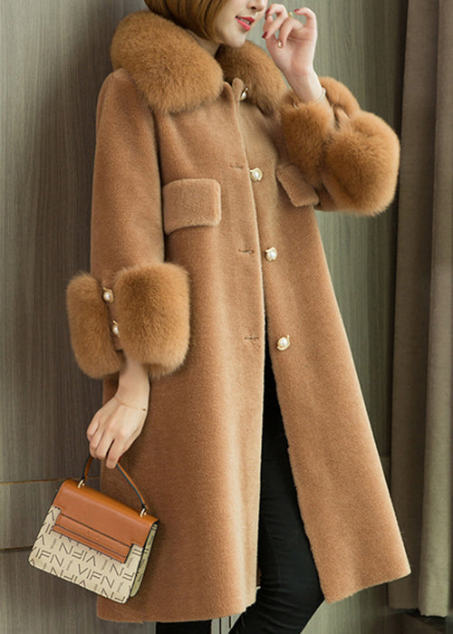Camel Button Patchwork Teddy Faux Fur Coats Peter Pan Collar Long Sleeve