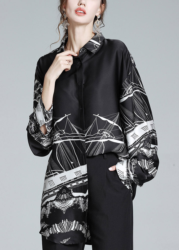 Casual Black Peter Pan Collar Print Button Silk Shirt Long Sleeve