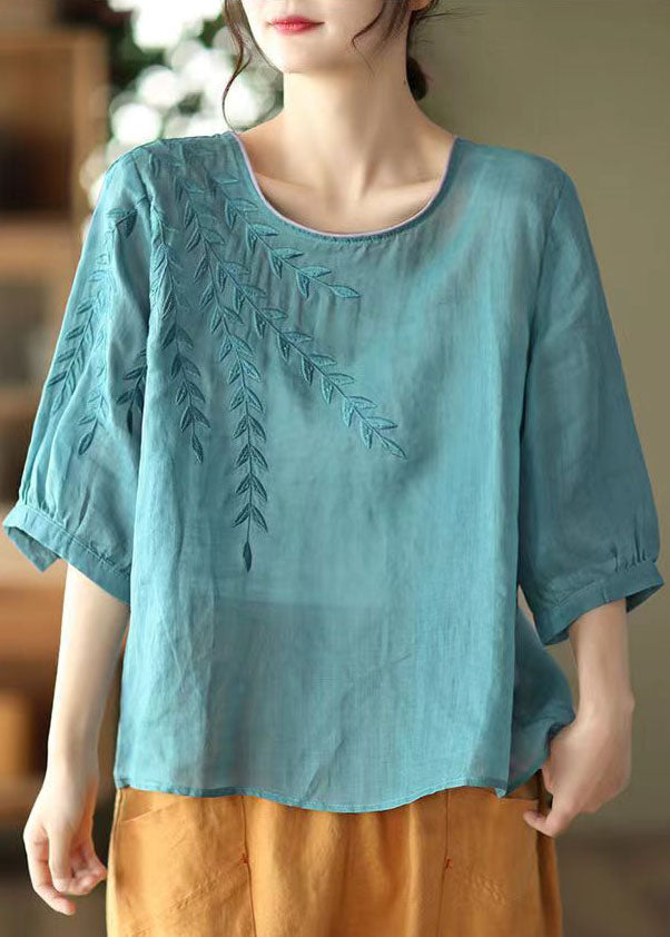 Casual Blue Embroideried Patchwork Cotton T Shirt Half Sleever