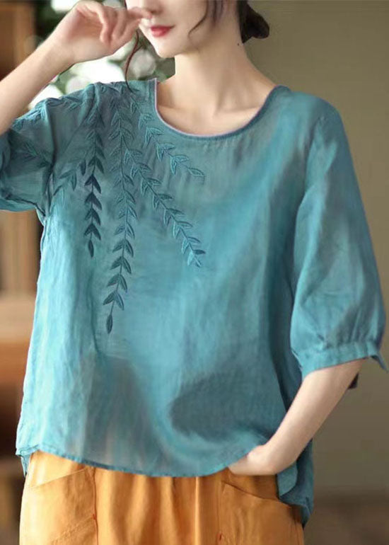 Casual Blue Embroideried Patchwork Cotton T Shirt Half Sleever