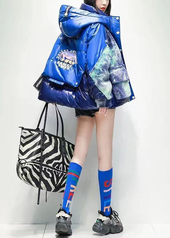 Casual Blue Hooded Patchwork Print Duck Down Puffer Jacket Winter