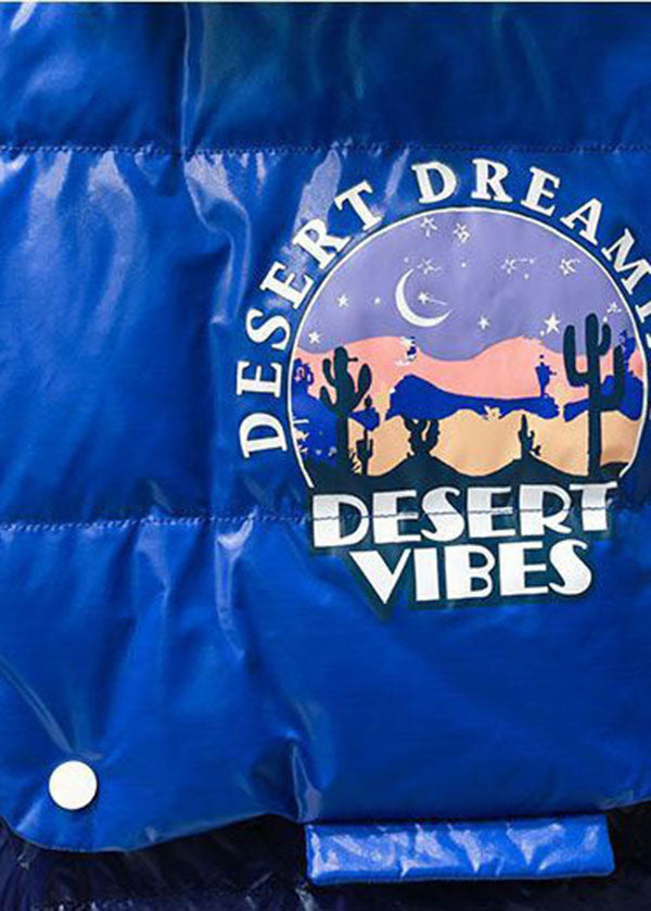 Casual Blue Hooded Patchwork Print Duck Down Puffer Jacket Winter