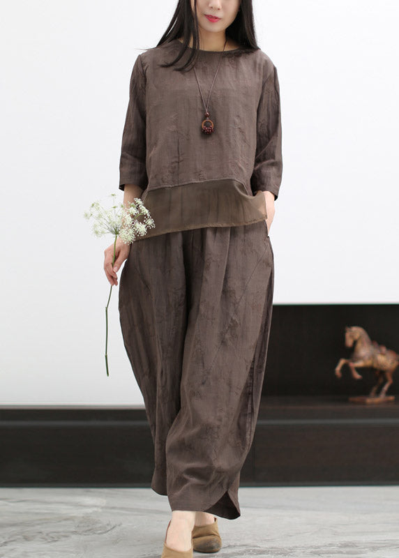 Casual Coffee O-Neck Silk Patchwork Linen Shirts And Wide Leg Pants Two Pieces Set Spring