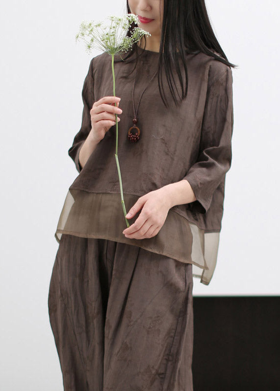 Casual Coffee O-Neck Silk Patchwork Linen Shirts And Wide Leg Pants Two Pieces Set Spring